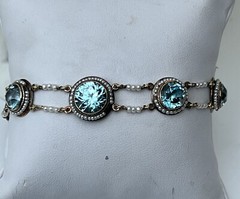 Antique Victorian 14k Gold Round Vivid Blue Zircons with Seed Pearls Necklace