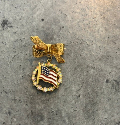 Vintage Goldtone Bow W/ Dangle Circle Lined W/Crystals & American Flag Brooch