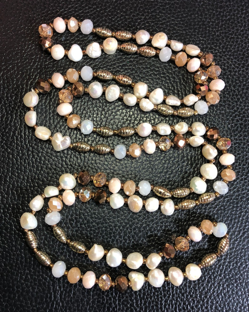 Cultured Freshwater Pearl Endless Strand Necklace Gold Bronze Crystal Beads 6018