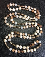 Cultured Freshwater Pearl Endless Strand Necklace Gold Bronze Crystal Beads 6018