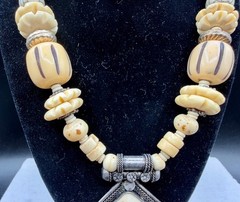 Vintage Tibetan-Style Hand-Carved Bone & Tribal Silver Pendant 21″