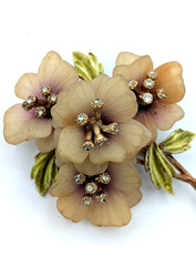 Vintage Flower Brooch Frosted Lucite Rhinestone Floral Pin