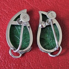 RARE Solid 14k White Gold Carved Spinach Green Jade Large Vintage Earrings