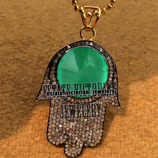 2.50ctw Rose Cut Diamond Emerald Silver Victorian Stunning Hamsa Pendant Jewelry