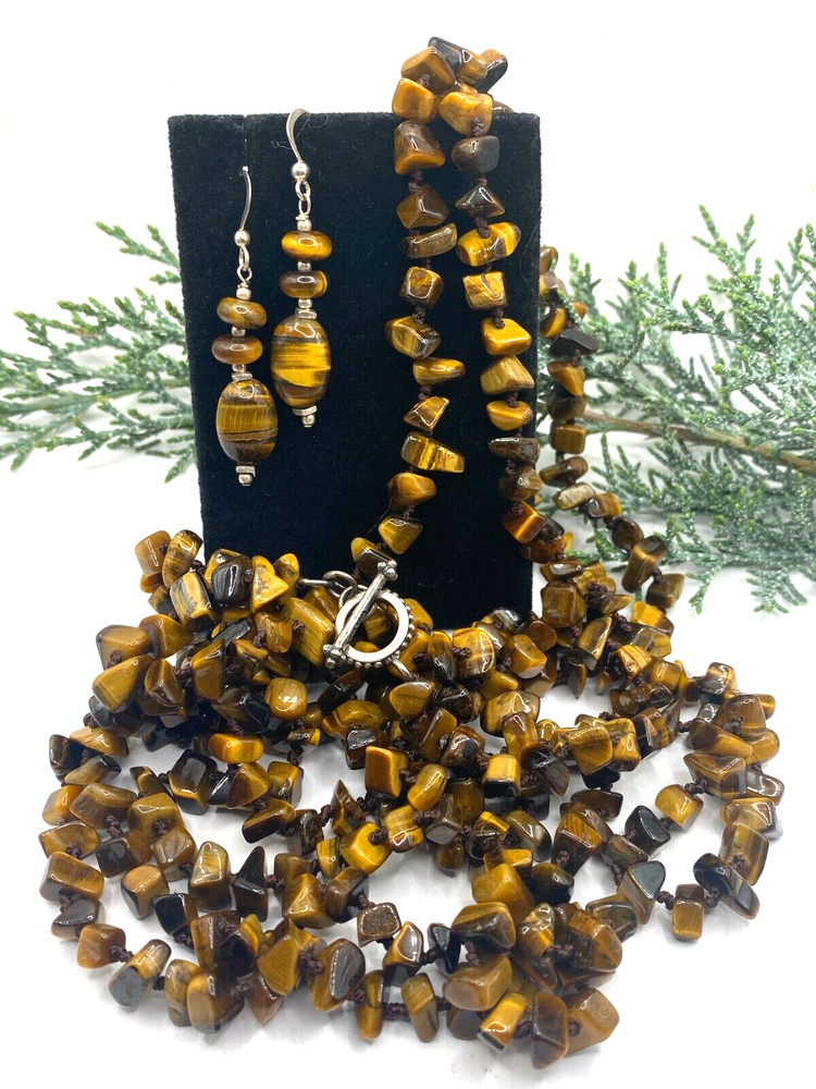 Vintage, 925, Sally Treasures, Tigers Eye 40″ knotted nugget necklace & earrings