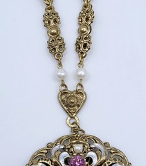 Vtg West Germany Filigree Pendant Necklace Pink Faux Opal Rhinestone Pearl