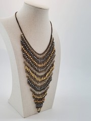 ZAR Vintage Cascading Layered Gold and Silver Tone Beads Mesh Statement Necklace