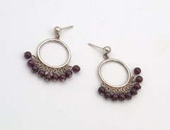 90s Estate Almandine Garnet Bead Fringe Sterling Drop Post Hoop Earrings