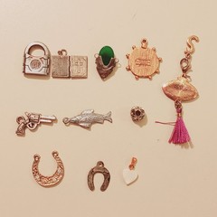Vintage Silver Tone Charm Lot Yale Padlock Bible Gun Fish Horseshoe Jade Jewelry