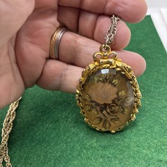 Vintage 1970s Max Factor Victorian Rose Solid Perfume Locket Pendant Chain RARE 