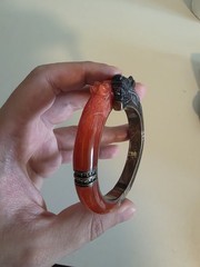 Chinese Carnelian Onyx And Sterling Dragon Bangle Bracelet (A2611)