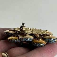Vtg Mid Century Turquoise Blue Floral Statement Brooch Gold Tone 1960’s Couture
