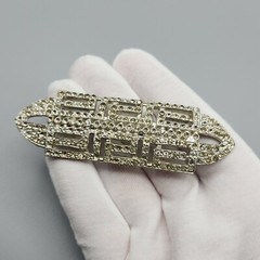 Vtg Apex Pot Metal Brooch Art Deco Bar Pin Rhinestones Large Silver Tone READ