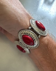 Vintage Style Silver Tone Elasticated Cuff Bracelet with Red Cabochons