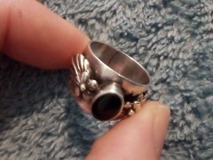 Genuine Vintage Sterling Silver Black Onyx Wide Band Flower Ring Sz 5.5, S West