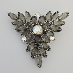 Vintage Bracelet Brooch Earring Set Smoky Gray AB Rhinestone Silver Tone