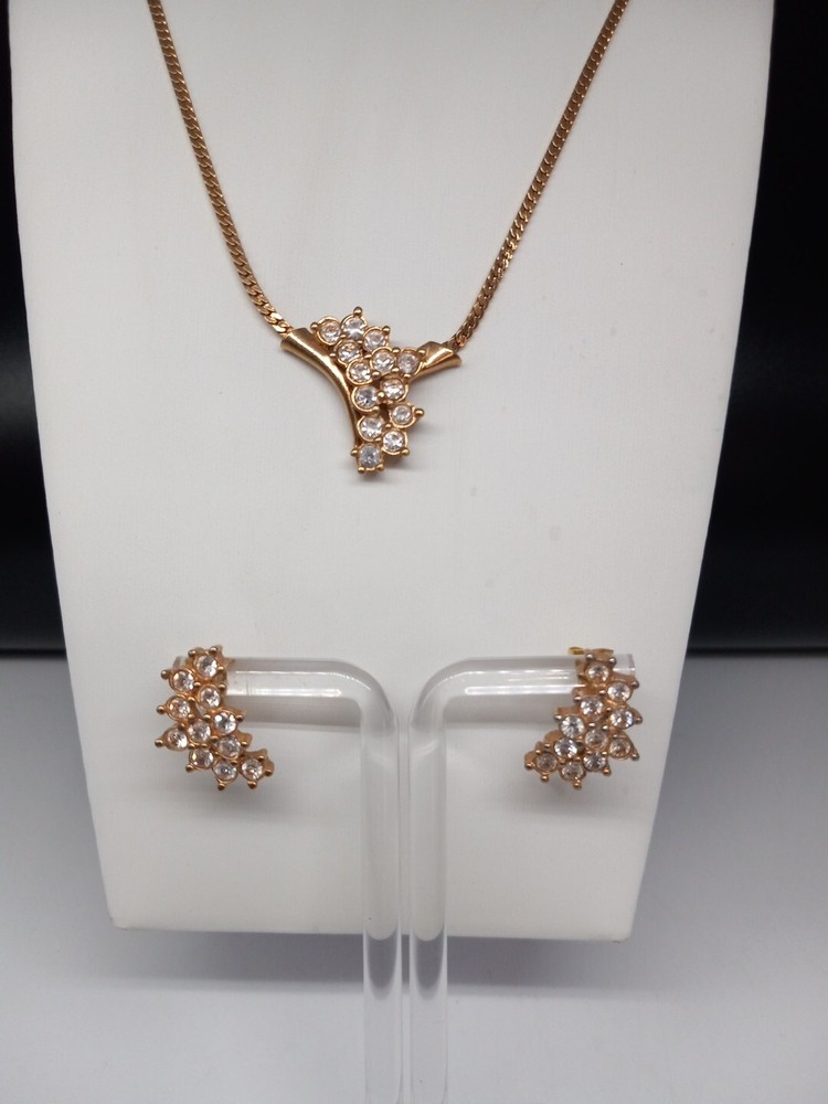 Avon 1970s Gold Tone Clear Crystals Cascade Design Necklace And Earring set