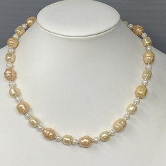 Simulated Pearl Necklace Baroque Cream Peach Collar Vintage Fish Hook Clasp 17″