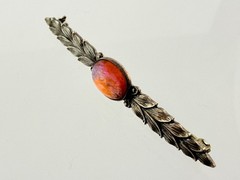 Vintage Sterling Silver Dragons Breath Glass Bar Pin Leaves Motif Brooch 2.25 In