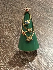ARTHUR PEPPER ART MCM CHRISTMAS TREE GREEN ENAMEL STAR RHINESTONES 2″ BROOCH PIN