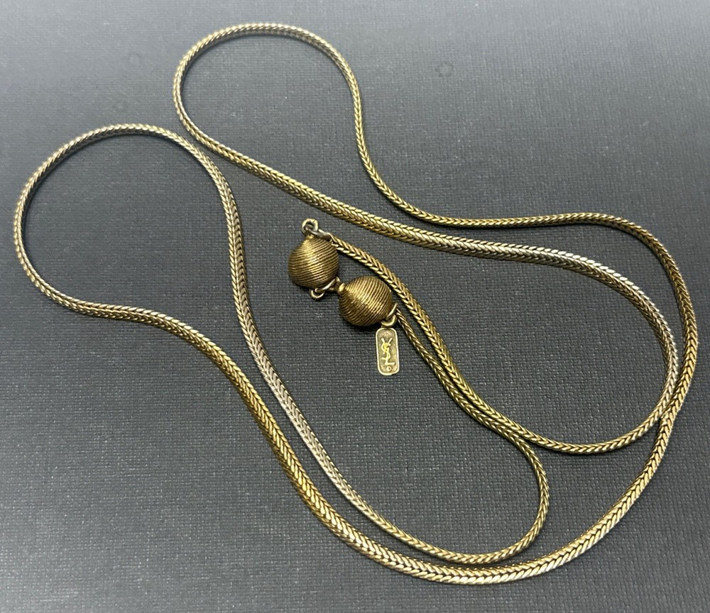 VTG Yves Saint Laurent Gold Tone Signed YSL Herringbone Chain Necklace