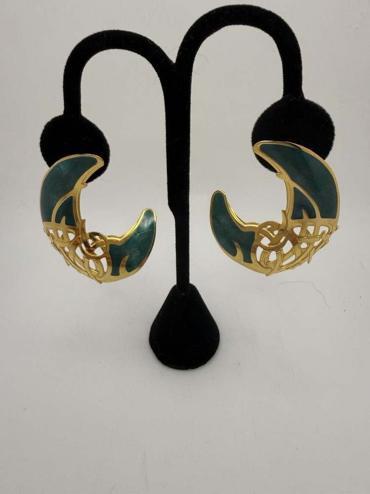 Vintage Edgar Berebi Green Enamel Gold Tone Post Earrings