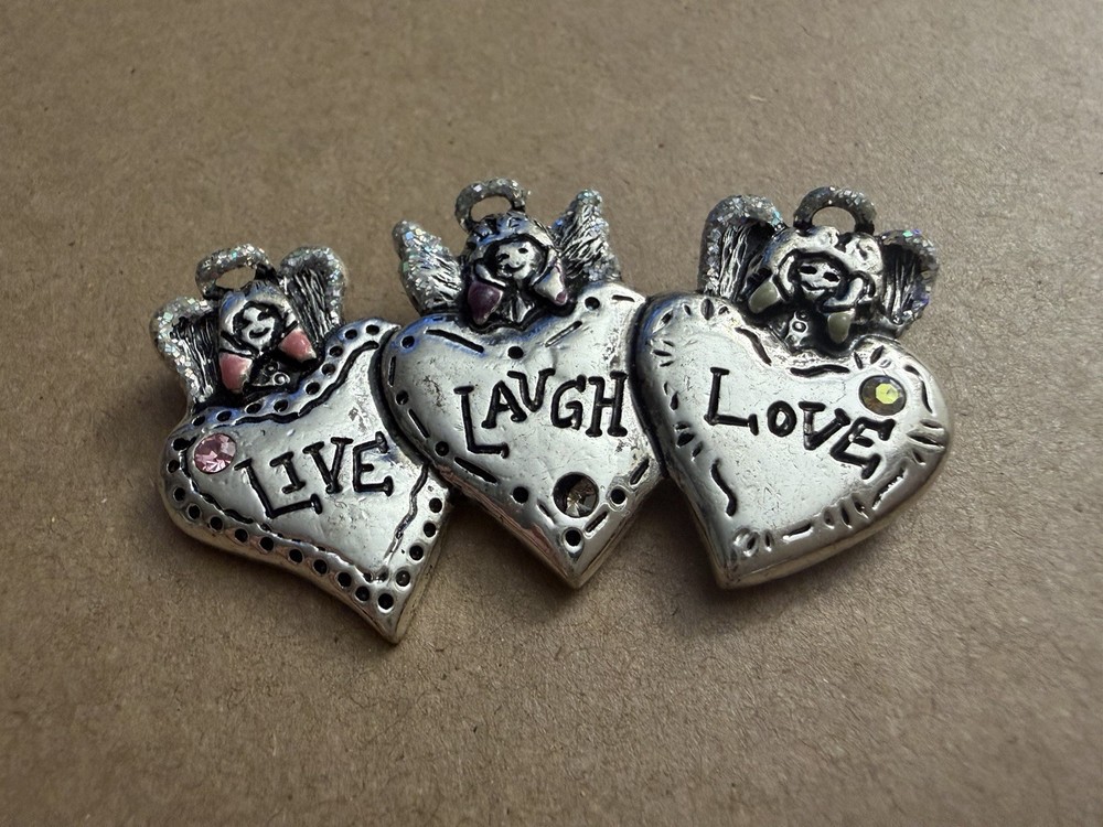 Silver Tone 3 Hearts Angels Live Laugh Love Rhinestone Pin Brooch | Vintage