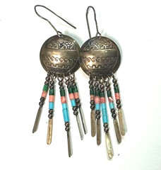 Southwestern Dangle Earrings Turquoise Coral Bead Fringe Vtg Sterling Silver #7