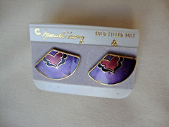 VINTAGE SAMUEL HUANG CLOISONNE RETRO ABSTRACT FAN RED BLACK & PURPLE EARRINGS