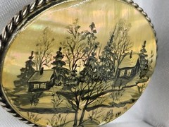 Vintage Russian ABA ’73 Hand-Painted Mother of Pearl Brooch Winter Scene Soviet