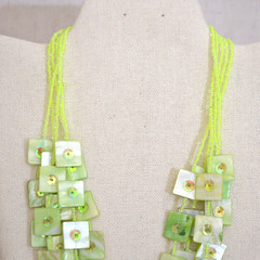 Vintage Multi Strand Mother of Pearl Shell Necklace Green Beaded Chunky
