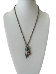 Vintage Silver Tone Owl Necklace Turquoise Cabochon Eyes 24” Boho Retro