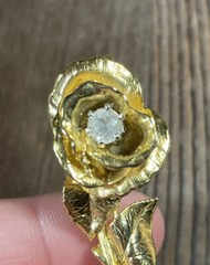 Vintage Gold Tone Rose Shaped Plated Brooch Pin Rhinestone Center Pronged 2”