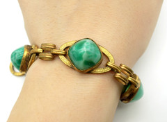 Antique Peking Glass High Cabochon Brass Chain Link Bracelet AS IT
