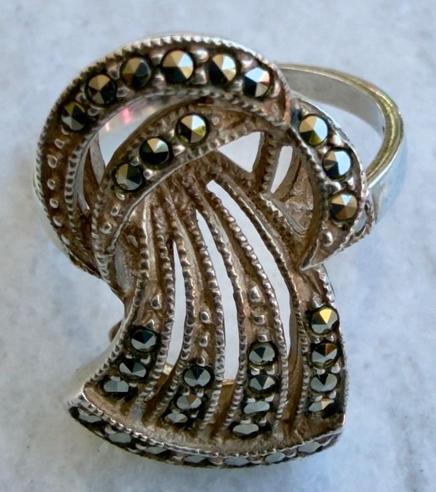 Vintage Sterling Silver Marcasite Bow Ring Signed Mid Century Art Deco