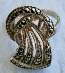 Vintage Sterling Silver Marcasite Bow Ring Signed Mid Century Art Deco