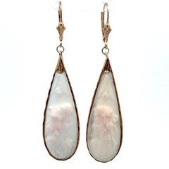 Estate 14k Yellow Gold White Resin Carved Cameo Teardrop Statement Drop Earrings