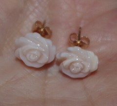 Carved Pink Rose Flower Conche Shell Mother of Pearl Fancy Stud Earrings 14k GF