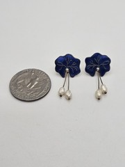 Vintage Water Lily Leaf Blue Enamel Dangle Pearl Sterling Silver Stud Earrings