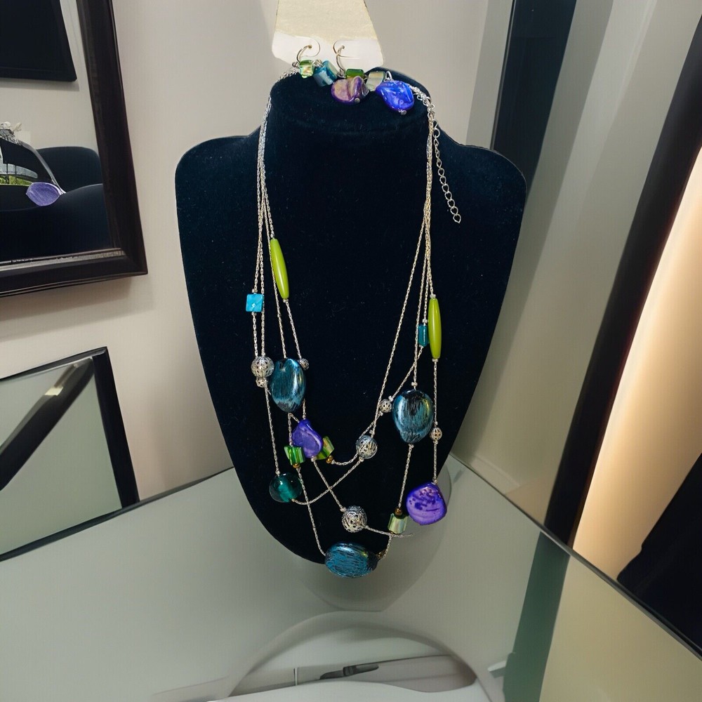 Vintage JC Penny Costume Jewelry Necklace & Earrings Stones 💜💚 & Chain