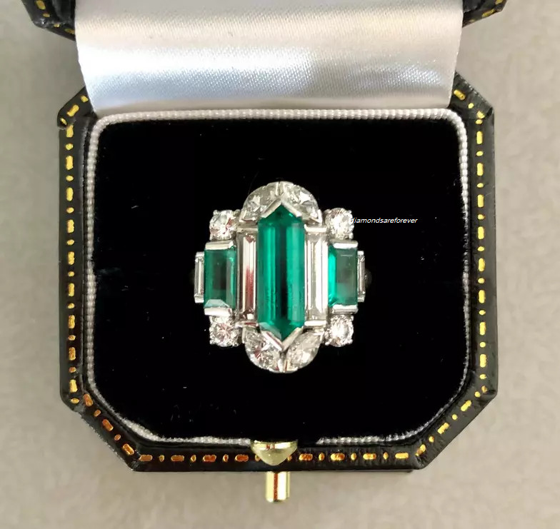Fancy Cut Vivid Green 14.68CT Emerald With Old European Cut CZ Art Deco Ring
