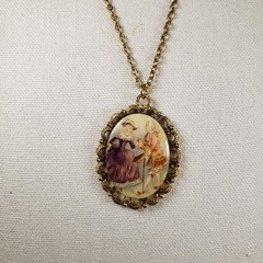 Vintage Porcelain Cameo Lover Dance Courting Couple Gold Tone Pendant 23″ Chain