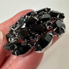 Vintage Jet Black Rhinestone Brooch Silver Tone Marquise Statement Pin