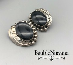 Vintage Mexican Sterling Silver Black Onyx Beaded Feather Large Clip Earrings