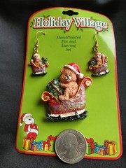 ^Adorable Holiday Village Earrings & Brooch Pin Set Christmas Bears Sleigh New