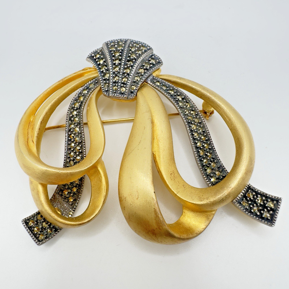 Vintage JUDITH JACK Brooch Sterling Silver Marcasite & Gold Plated Metal 3” Pin