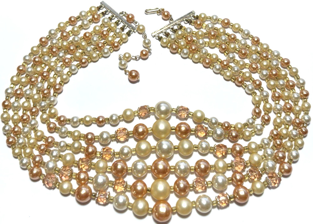 Vintage Jewelry Necklace Multi Strand Faux Pearl Beaded Glass Peach AB Cream 18