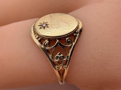 Antique 10K Yellow Gold Signet Ring With Diamond In Sun, Size 5.5 PSCO Filigree