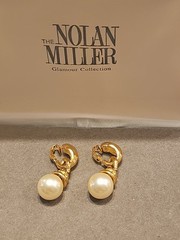 Nolan Miller Glamour Collection Rhinestone Pearl Clip On Earrings Gold Tone 3172