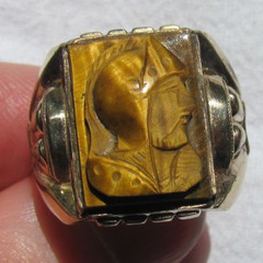 Vintage Carved Tiger’s Eye Roman Soldier Warrior Cameo 12K GF Ring Size 11